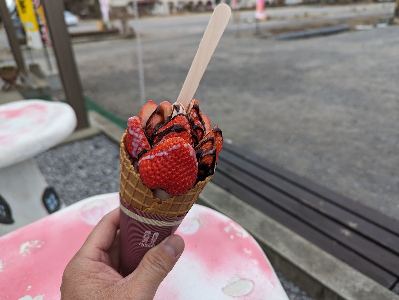 延岡市の川原いちご農園で食べたソフトクリーム「いちごの森」1